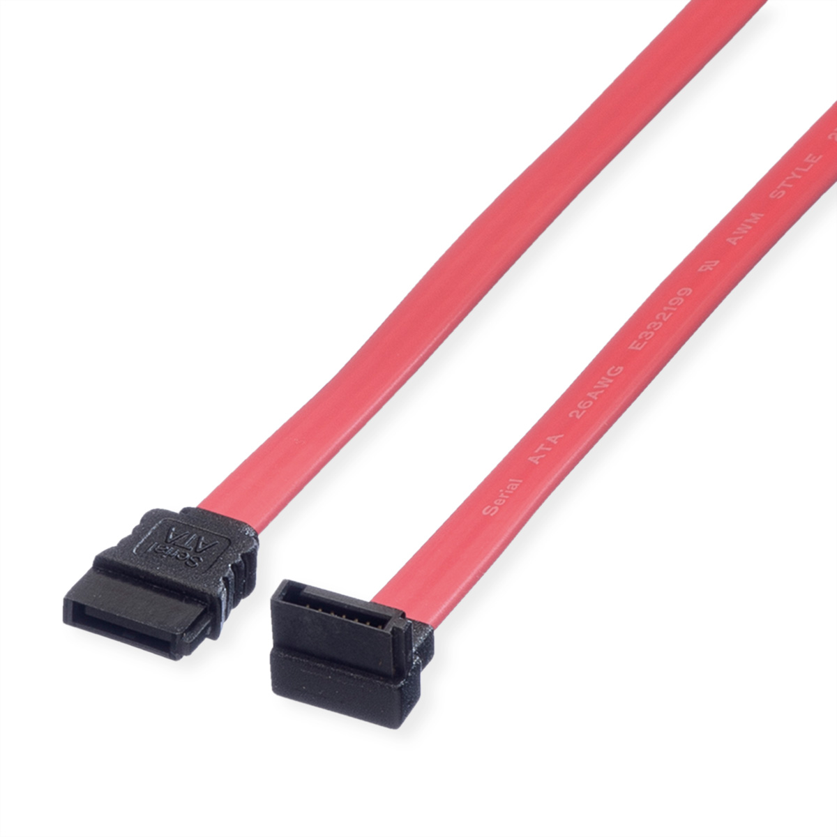 Un câble SATA rouge avec des connecteurs noirs, pour se connecter à un ordinateur.