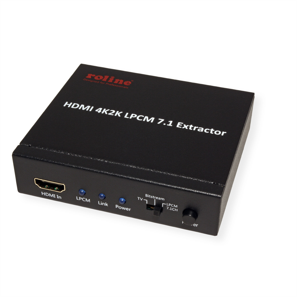 Estrattore HDMI nero con testo, porte e un pulsante. Sfondo bianco.