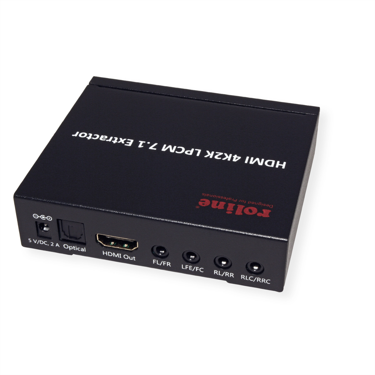 Un estrattore HDMI 4K2K LPCM 7.1 nero con più porte di ingresso e uscita. Testo: Progettato per professionisti.
