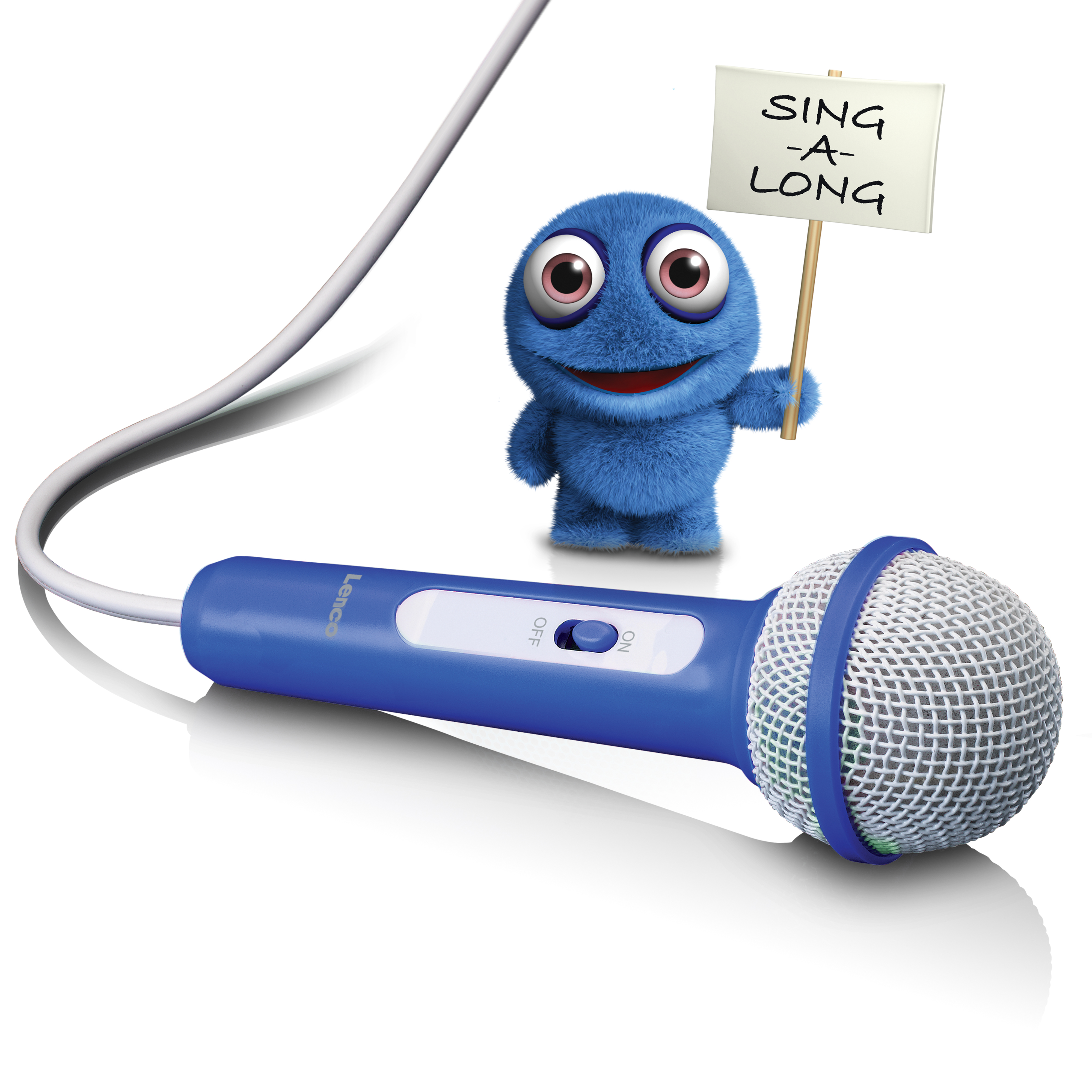 Microfono blu con un personaggio dei cartoni animati che tiene un cartello con scritto 'Sing-a-long'.