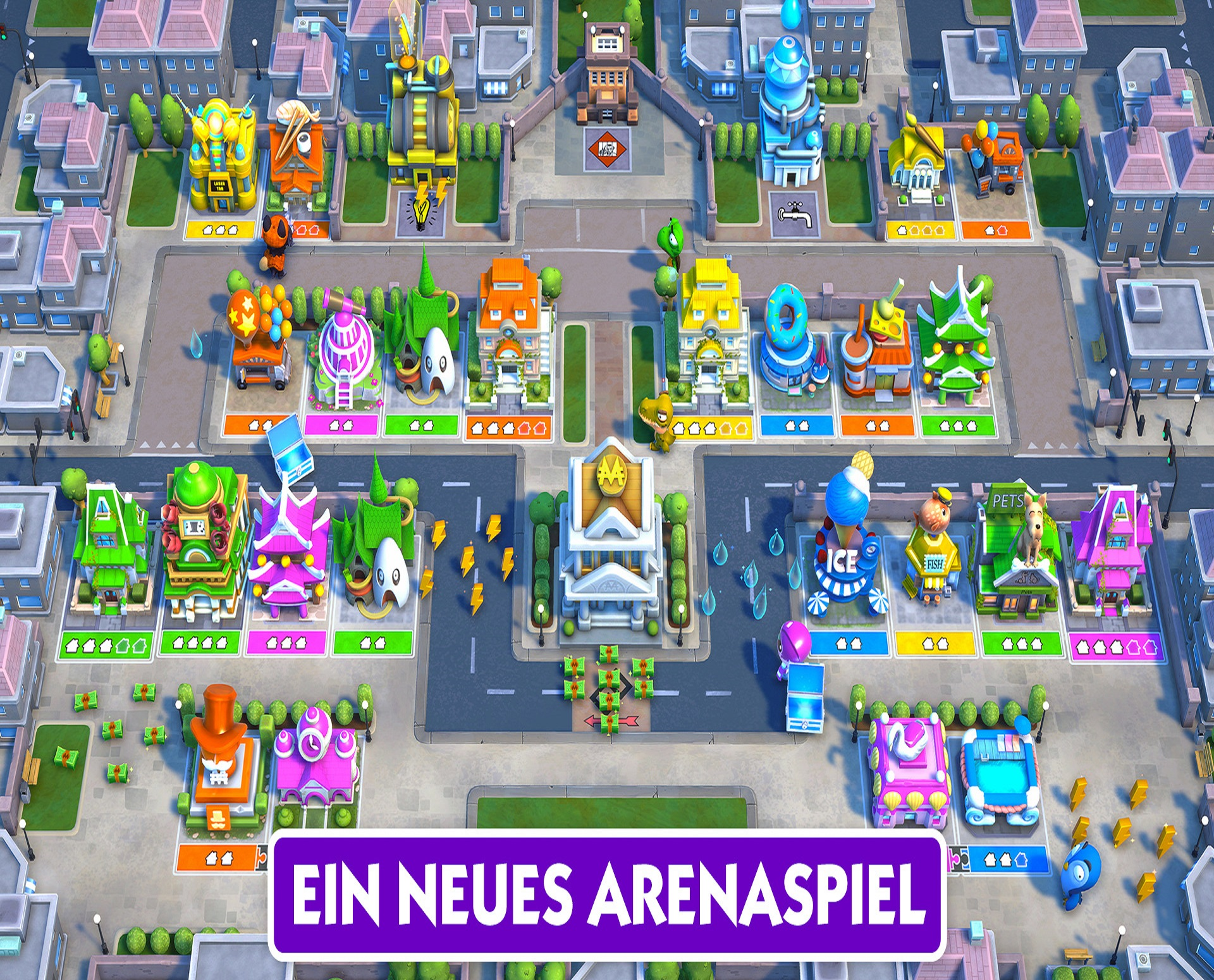 Eine farbenfrohe Stadtlandschaft mit Gebäuden und Fahrzeugen. Text am unteren Rand: 'EIN NEUES ARENASPIEL'.