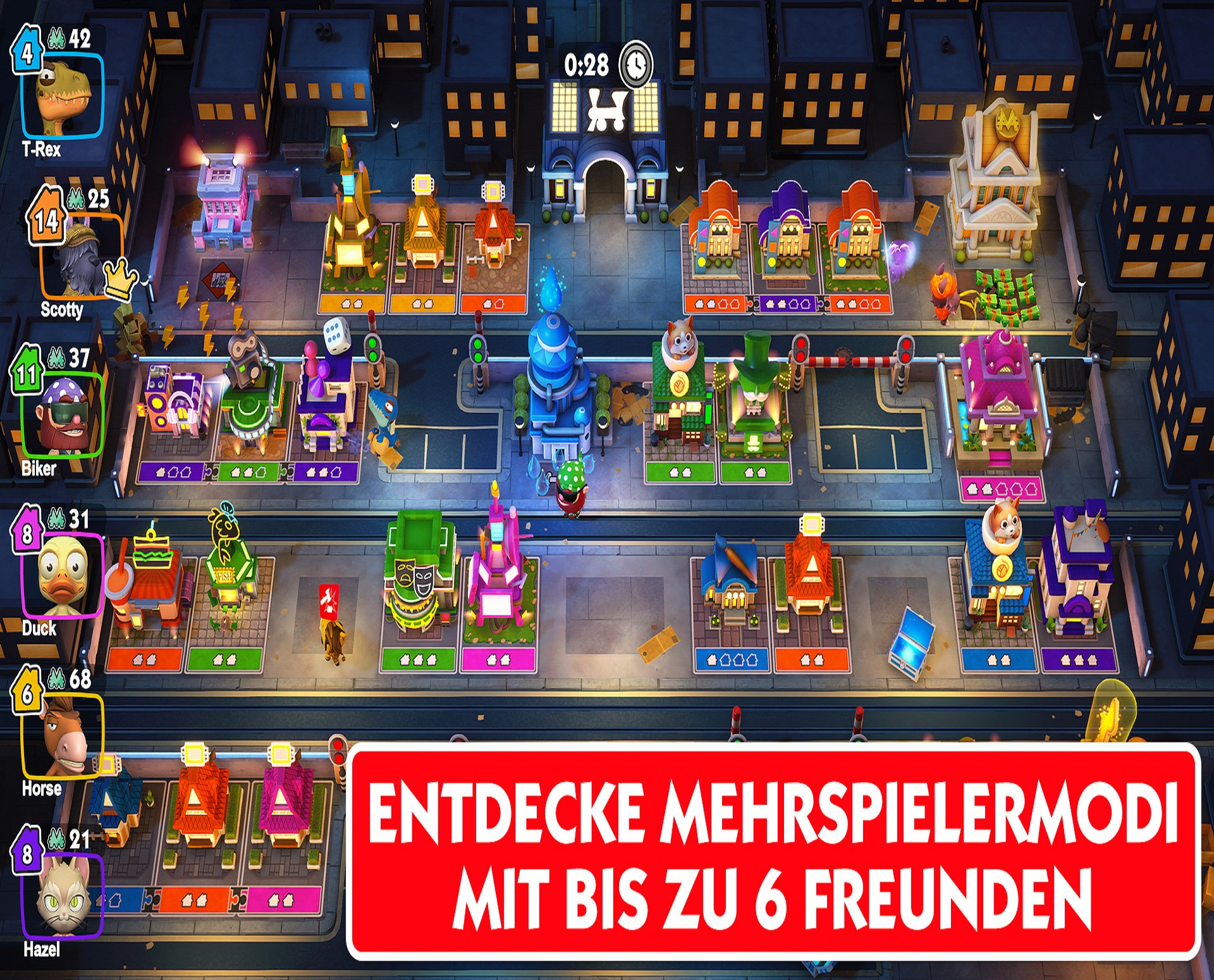 Screenshot eines Städtebauspiels mit dem Text „Entdecke Mehrspielermodi mit bis zu 6 Freunden“.