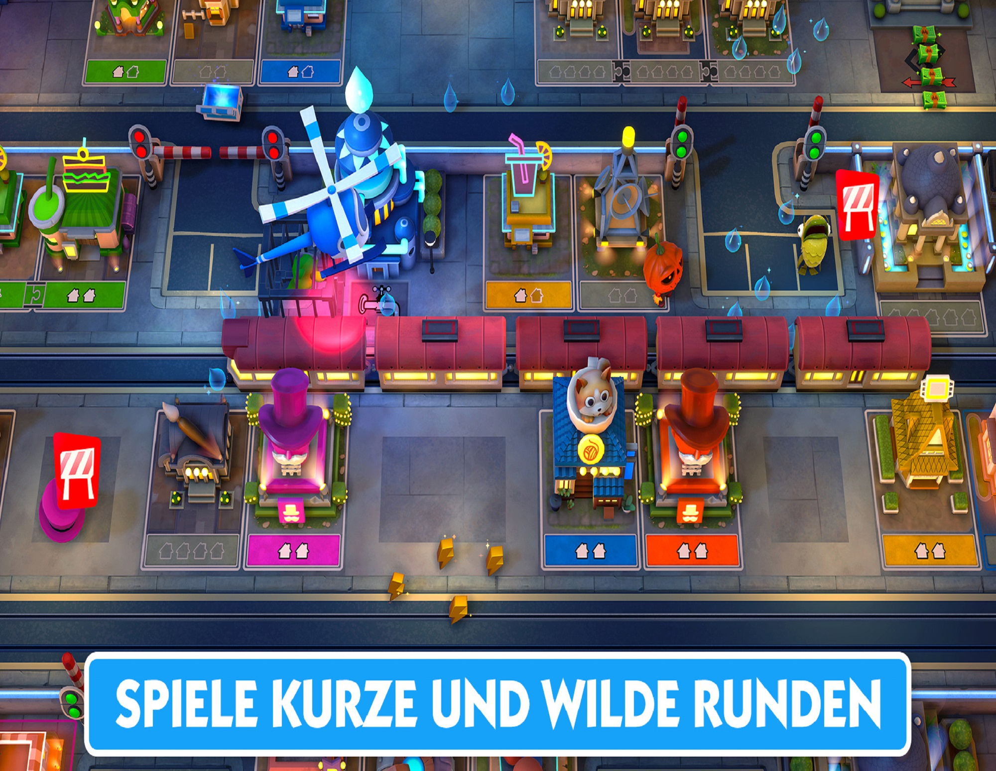 Bunte Spielszene: Gebäude, Zug, Hubschrauber und Text.