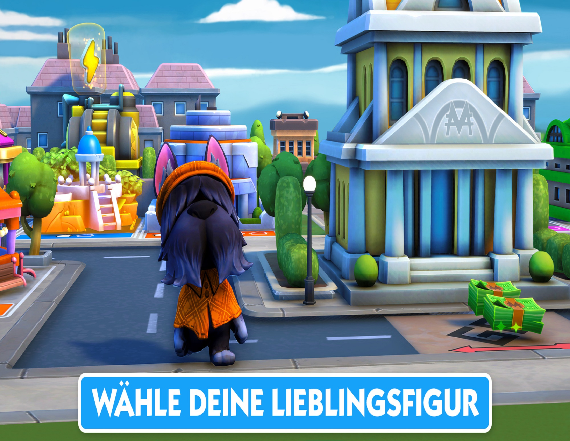 Cartoon-Hund in einer Stadt, Charakterauswahl, mit deutschem Text.
