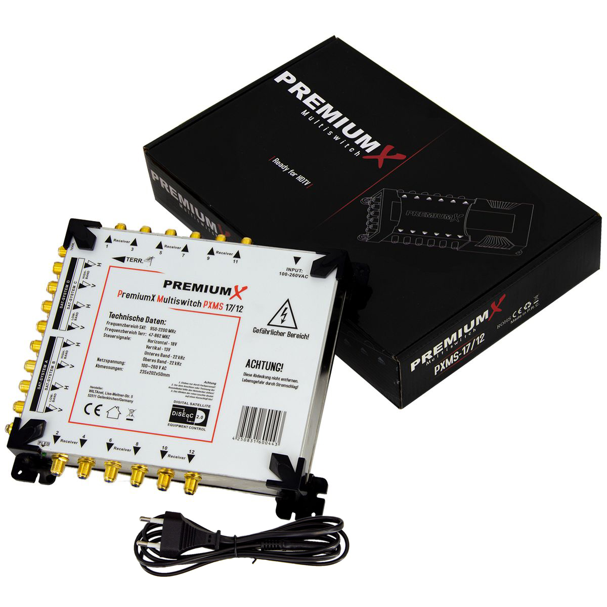 Ein schwarz-weißes Multi-Switch-Gerät und seine Box mit Etiketten und technischen Daten.