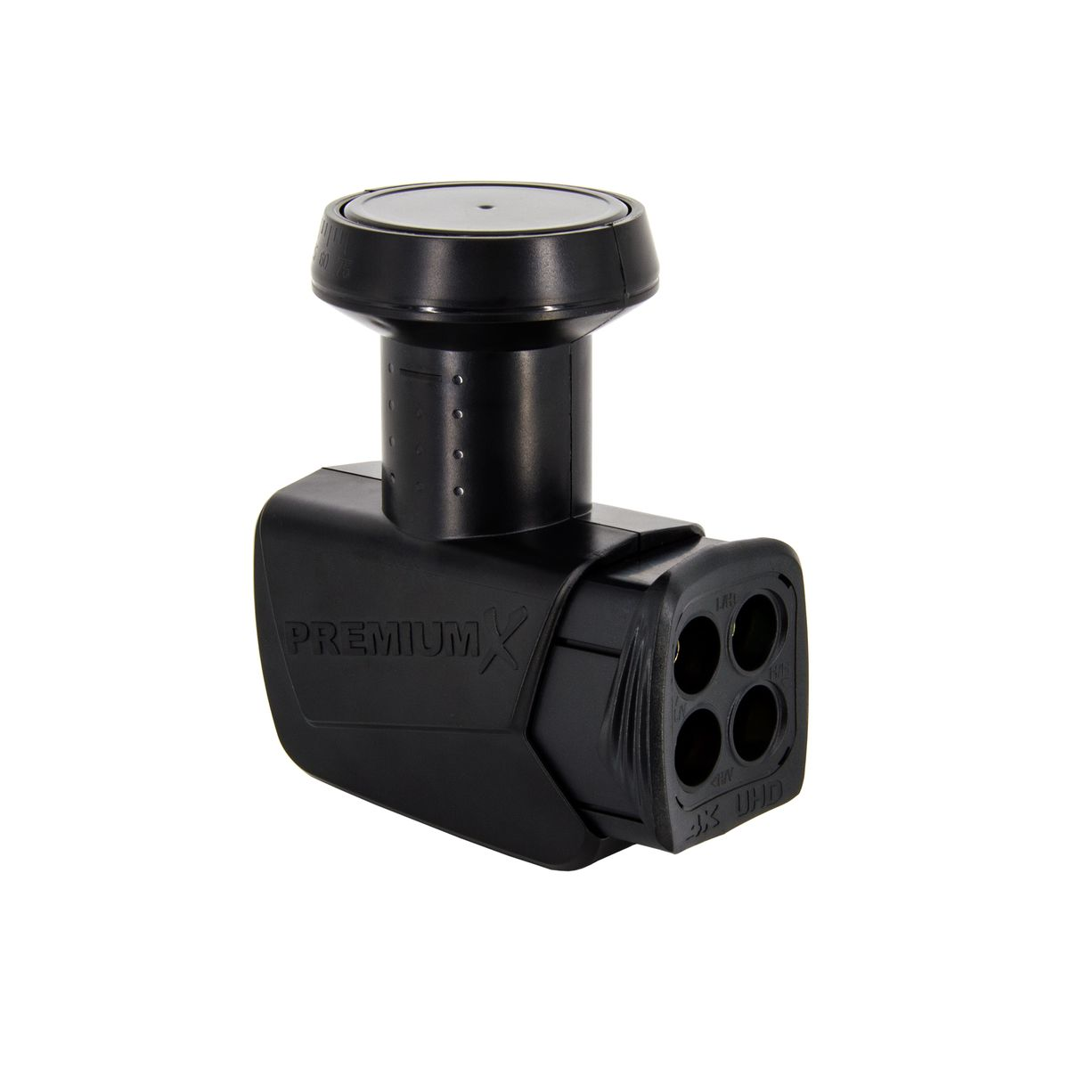 Schwarzer elektrischer Stecker mit mehreren Anschlüssen und dem PREMIUM X-Logo.