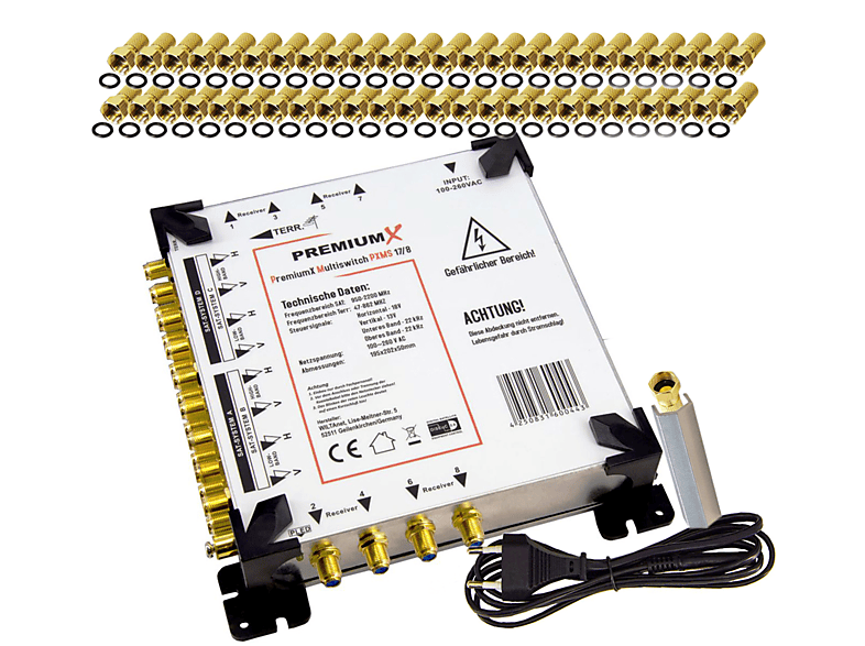 PREMIUMX Multischalter Set 17/8 F-Stecker Multiswitch F-Aufdrehhilfe SAT 48x Sat-Multischalter