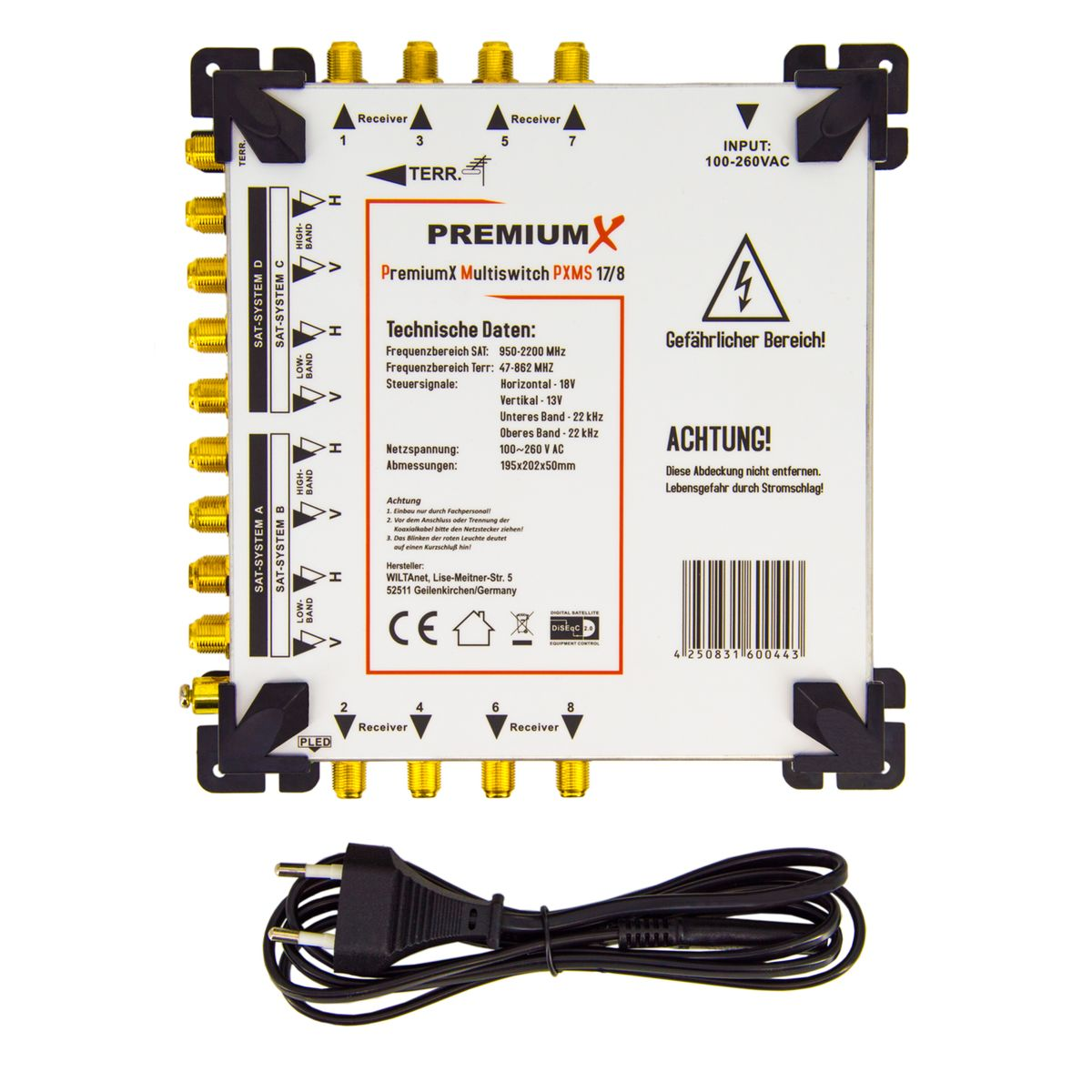 Weißer PremiumX Multiswitch mit mehreren Ein- und Ausgängen, ein Netzkabel.
