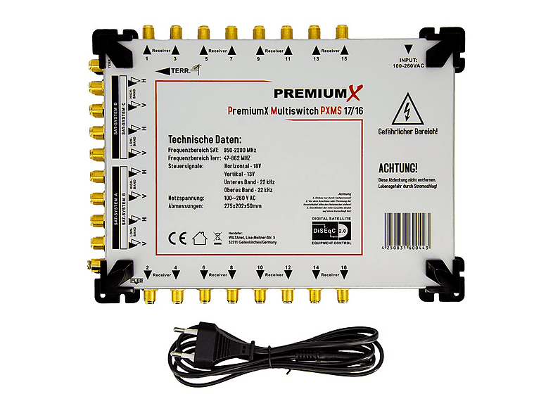 PREMIUMX PXMS 17/16 Multischalter mit Netzteil Multiswitch 4 SAT für 16 ...