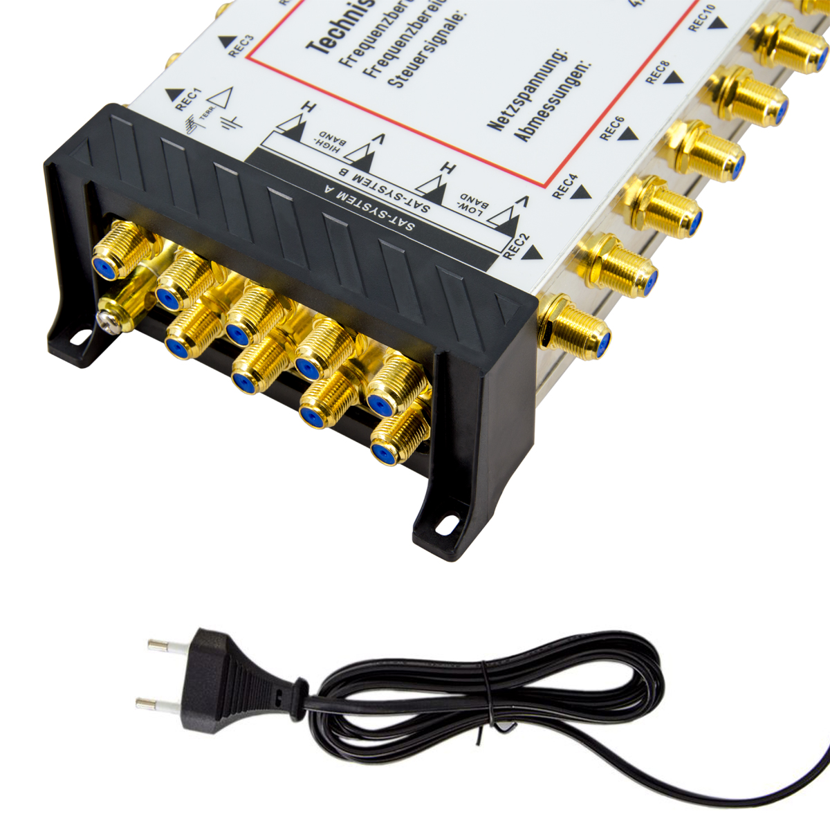 Nahaufnahme eines Multiswitches mit mehreren Anschlüssen und einem Netzkabel.