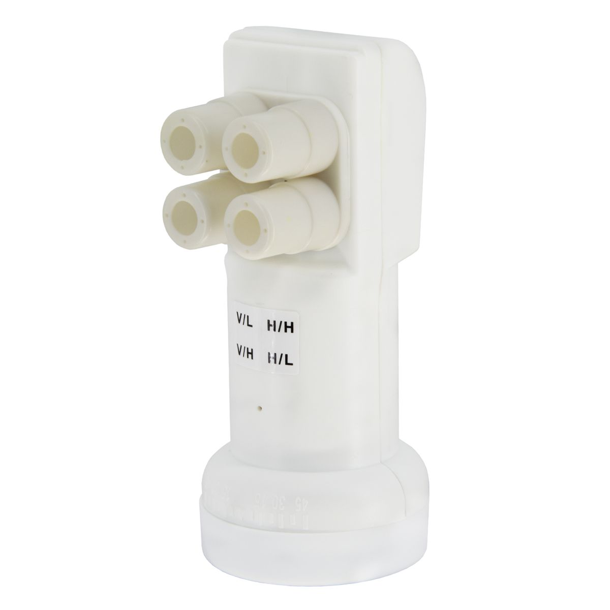 Weißes LNB für Satellitenschüssel mit vier Ausgängen. Textbezeichnungen V/L, H/H, V/H, H/L.