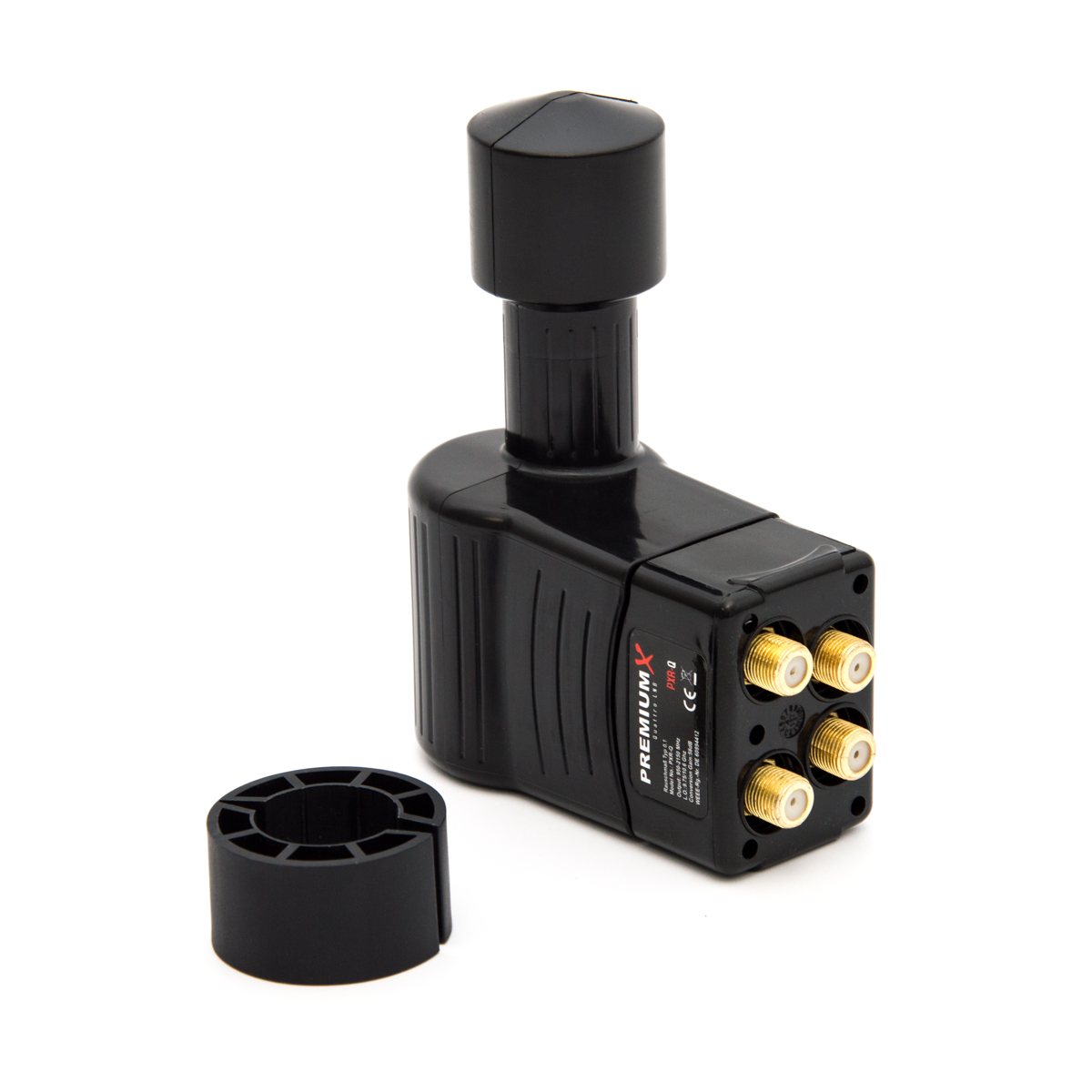 Ein schwarzer Satellitenempfänger mit vier goldfarbenen Anschlüssen und einem abnehmbaren schwarzen Stecker.