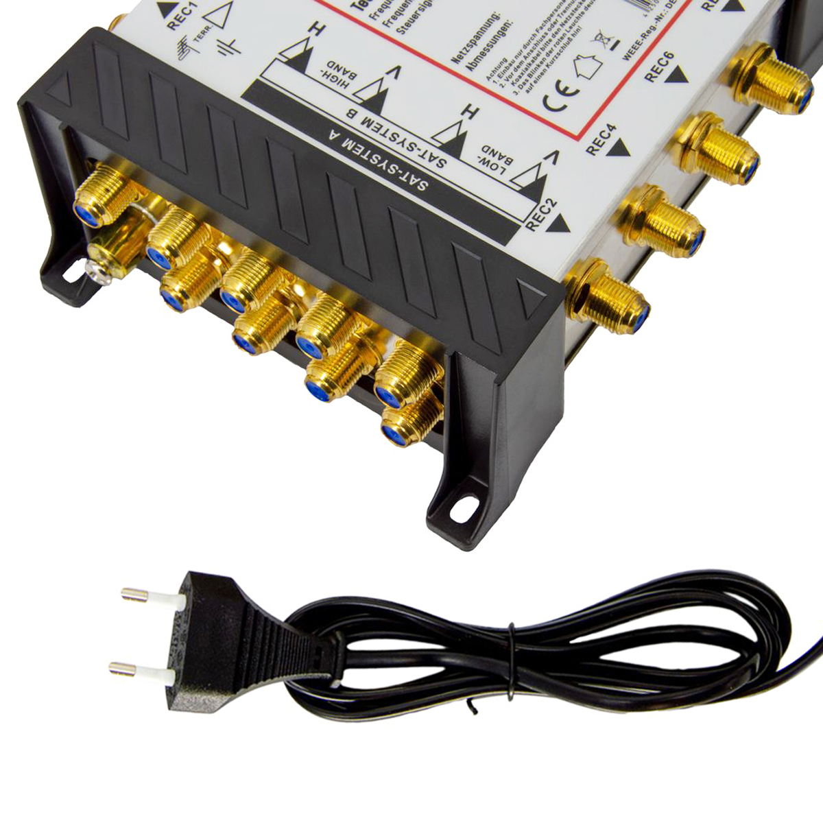 Satellitenempfänger mit mehreren Anschlüssen und Netzkabel mit Stecker.