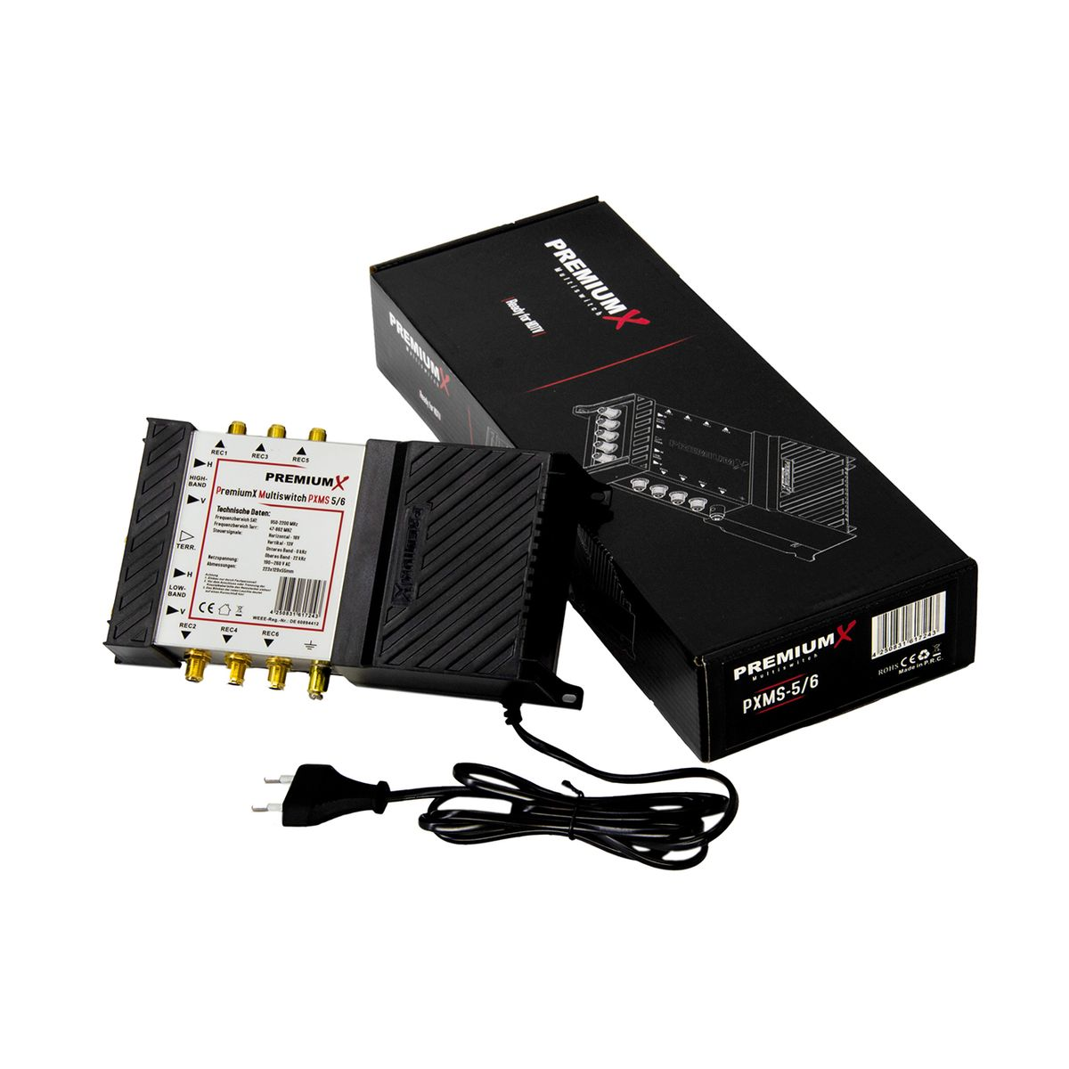 Ein schwarzer und silberner PremiumX Multiswitch mit Netzkabel. Eine Box mit dem Produkt rechts.