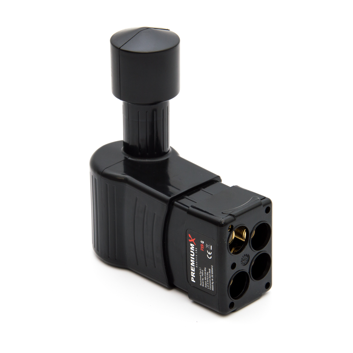 Schwarzer elektrischer Stecker mit zylindrischem Aufsatz, vier Buchsen und der Aufschrift 'PremiumX'.