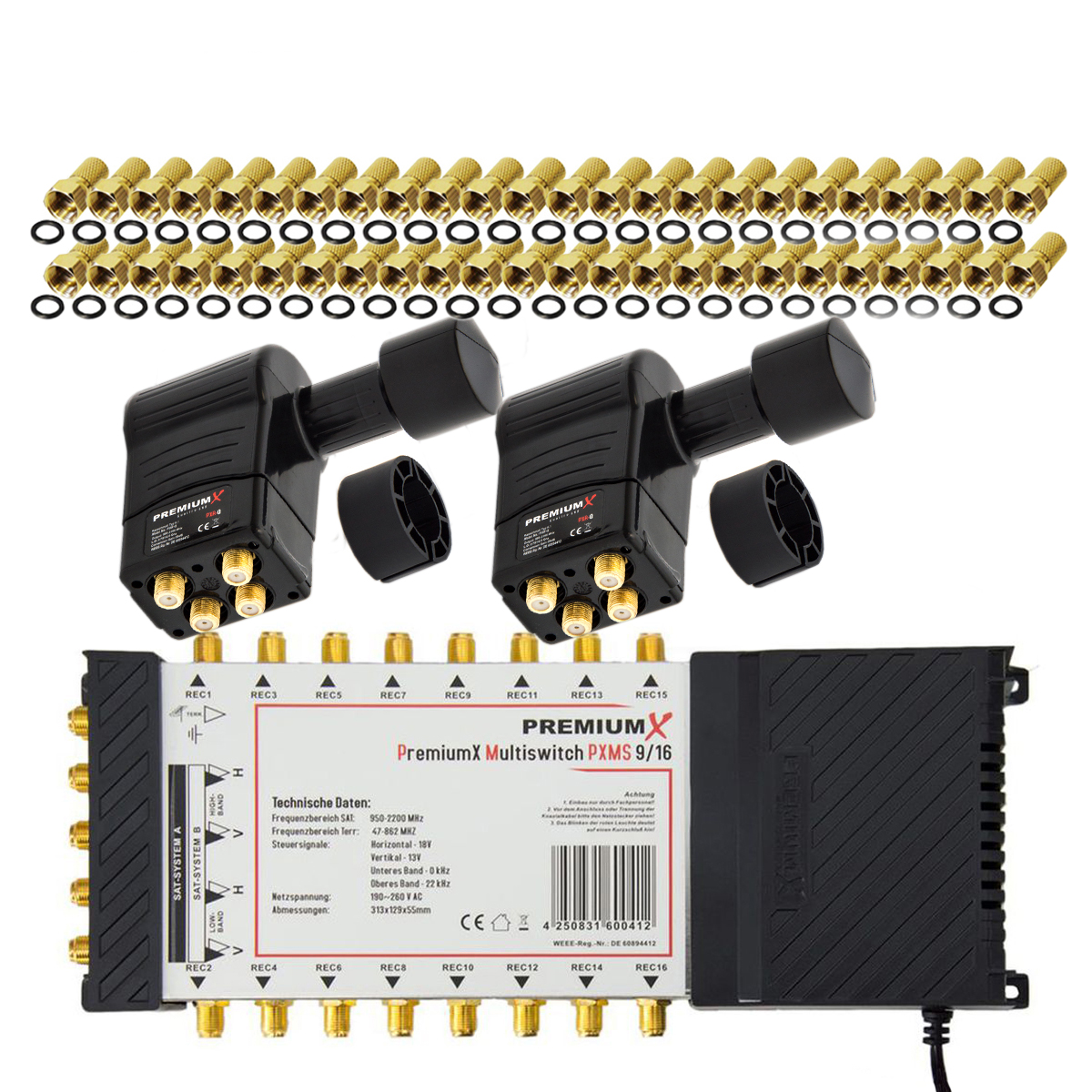 Premium X PXMS 17/16 Multi Switch with Power Supply, Multi Switch 4 SAT for 16 Participants, Digital HDTV FullHD 4K UHD 8K