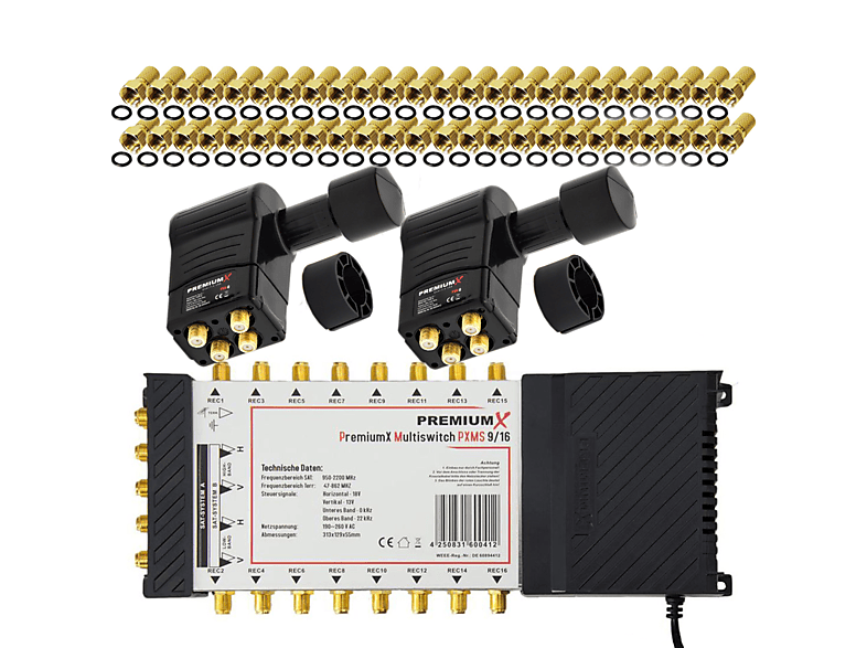 PREMIUMX Multischalter Set 9/16 Rocket SAT F-Stecker Quattro Sat-Multischalter 2x LNB 48x Multiswitch