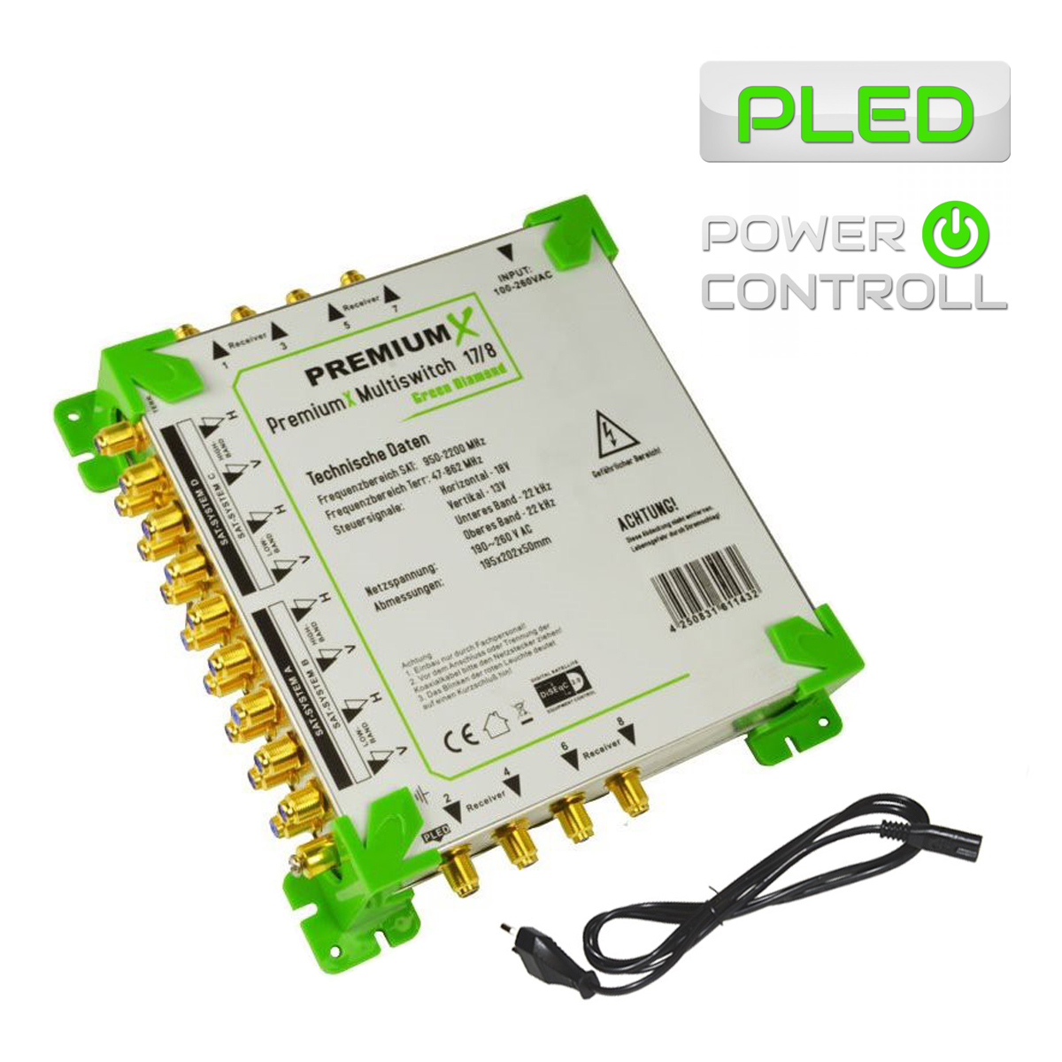 Multiswitch-Gerät mit grünen Akzenten. Text und Anschlüsse sind auf dem Gerät abgebildet.
