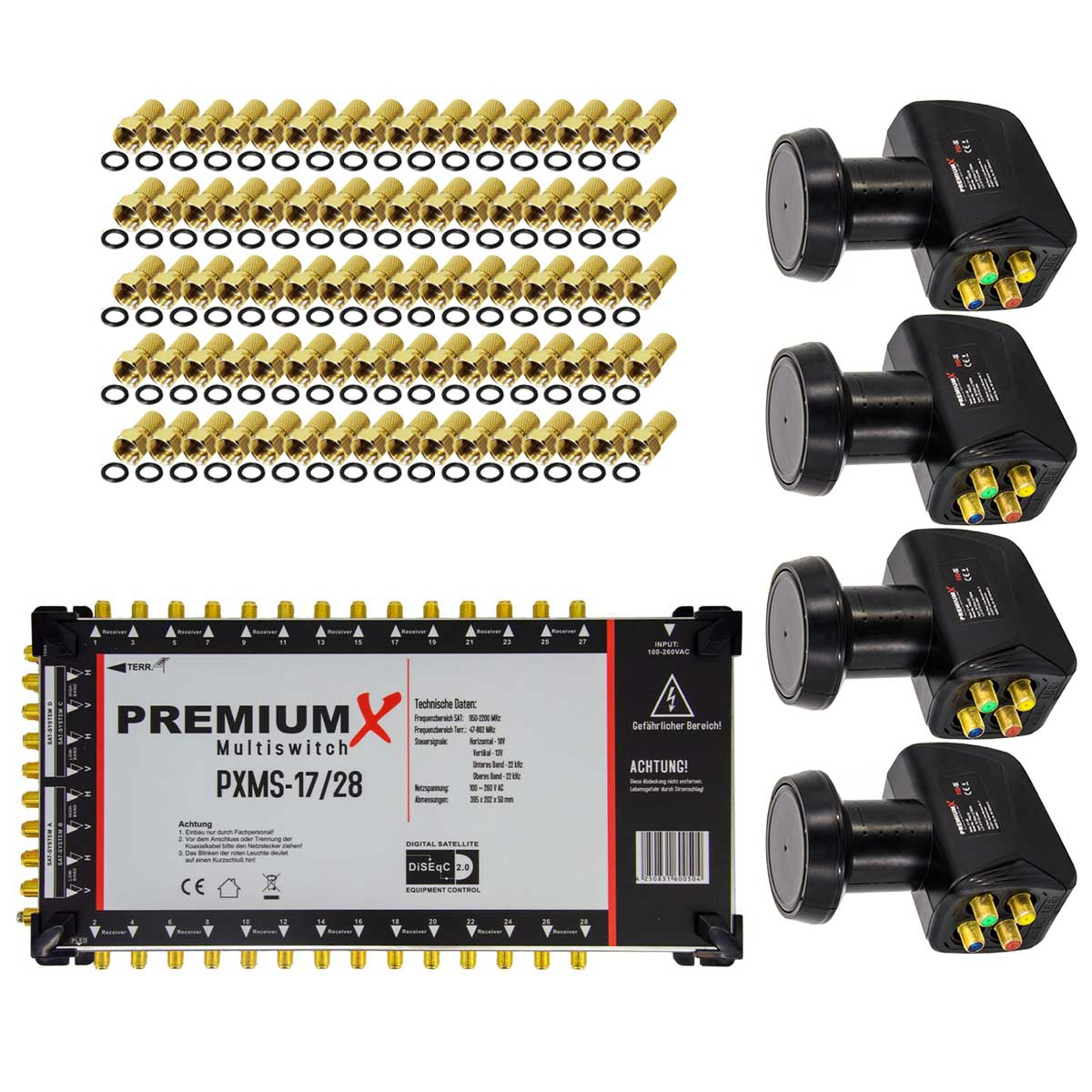 Ein Satz Satellitenempfänger, ein Multischalter und ein Haufen goldener Stecker sind auf einer weißen Oberfläche angeordnet.