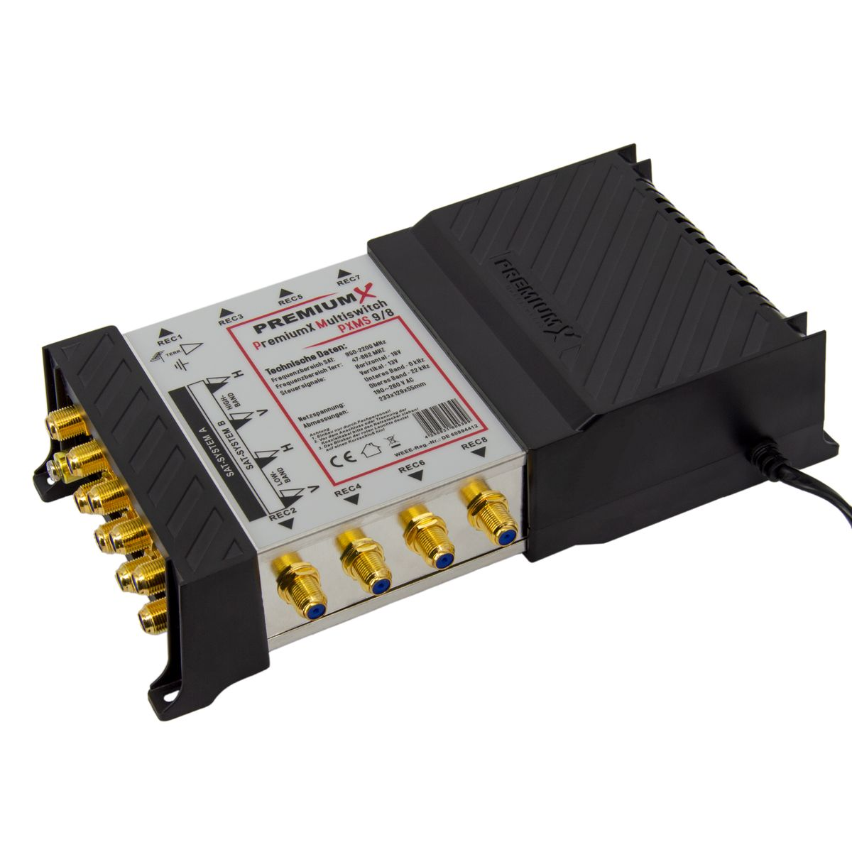 Schwarzes und silbernes Multi-Switch-Gerät mit Anschlüssen und Etikettendetails.