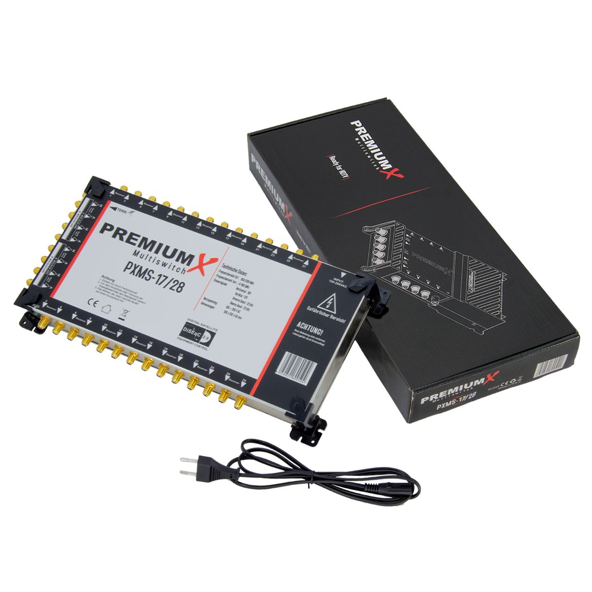 PremiumX Multiswitch-Box mit mehreren Anschlüssen und einem Netzkabel, neben der schwarzen Box.
