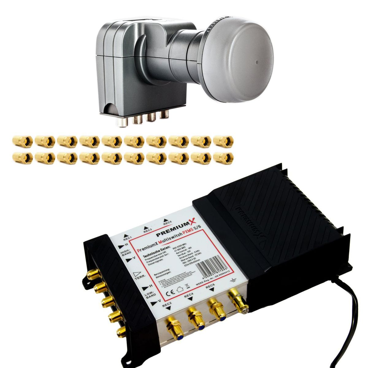 Ein Satellitenempfänger, goldene Anschlüsse und ein Multischalter. Alle Elektronikteile sind grau und schwarz.