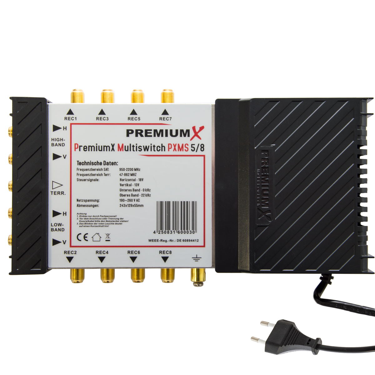 PremiumX Multischalter mit mehreren Ein-/Ausgängen, technischen Daten und Netzstecker.