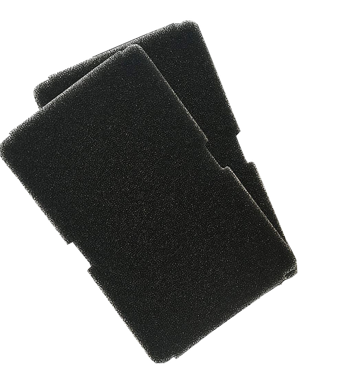 Zwei schwarze Schaumstofffilter. Jeder hat eine rechteckige Form mit ausgeschnittenen Kanten.