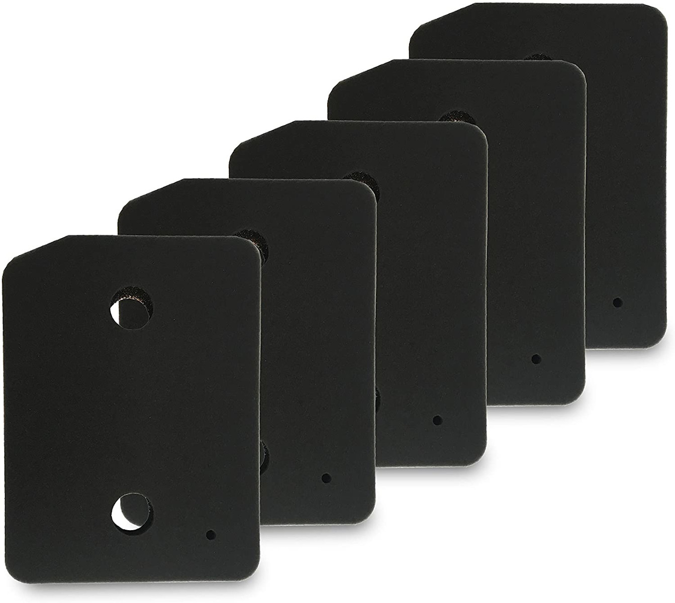 Fünf schwarze, rechteckige Schaumstoffpads auf weißem Hintergrund.