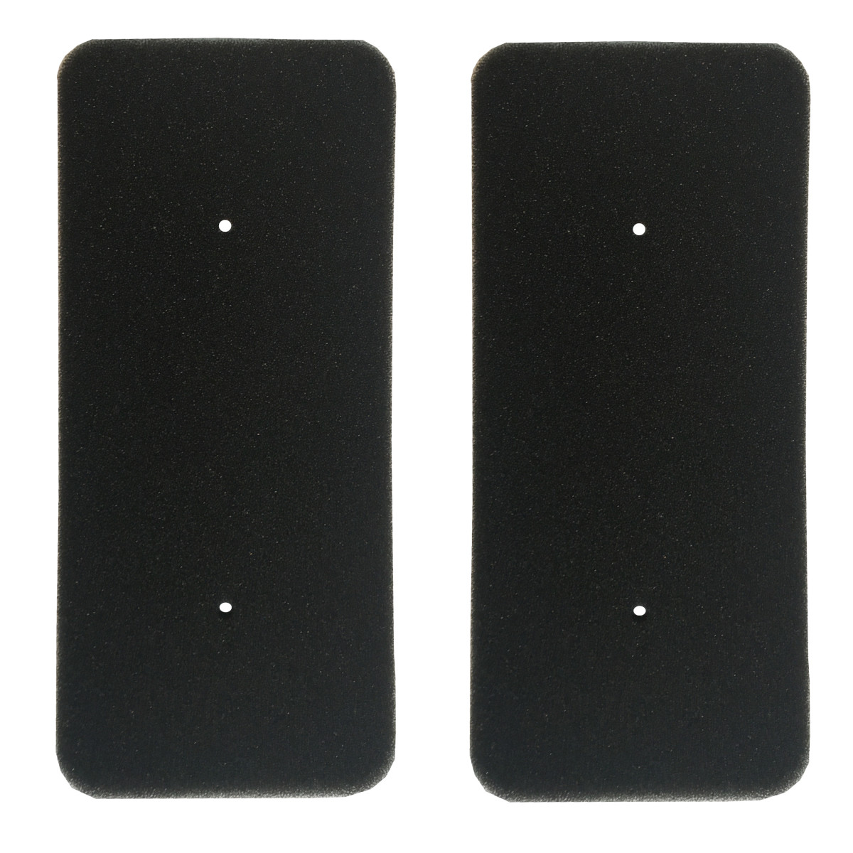 Zwei schwarze Schaumstoffpads mit Löchern. Sie sind rechteckig und haben oben und unten kleine Löcher.