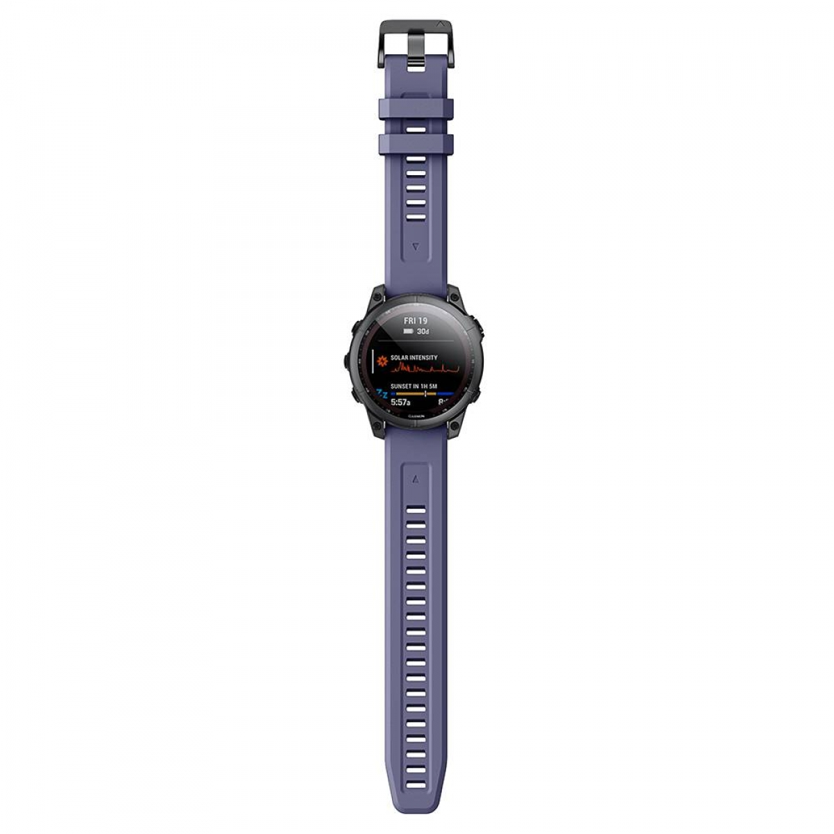 Eine violette Smartwatch mit violettem Armband auf weißem Untergrund. Der Bildschirm zeigt Daten an.