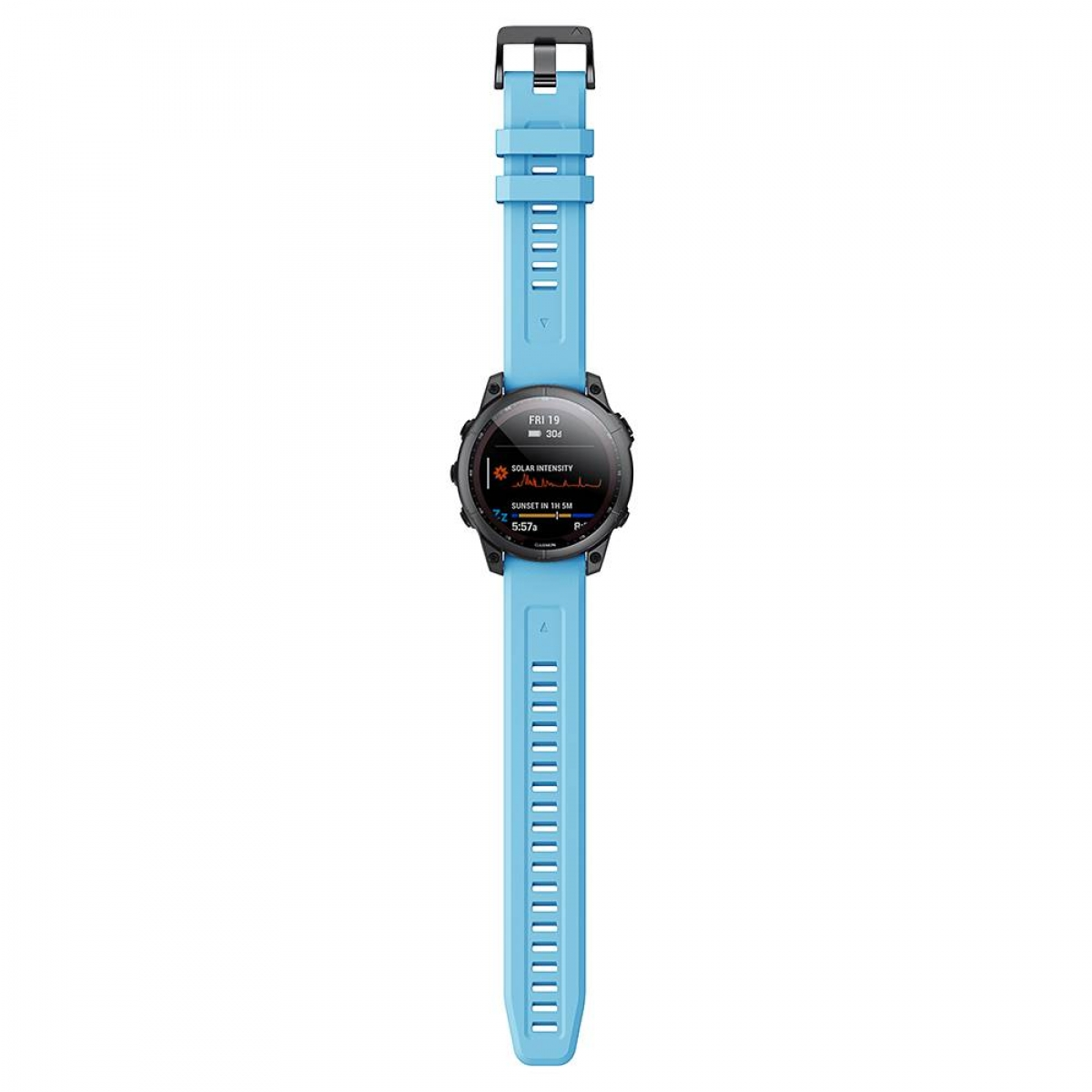 Schwarze und blaue Garmin Smartwatch mit blauem Armband. Die Uhr zeigt Informationen auf ihrem Bildschirm.