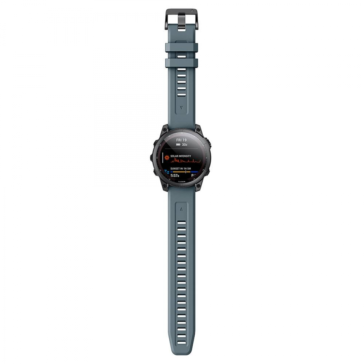 Eine graue Smartwatch mit einem schwarzen Bildschirm, der Daten anzeigt. Die Uhr ist auf weißem Hintergrund.
