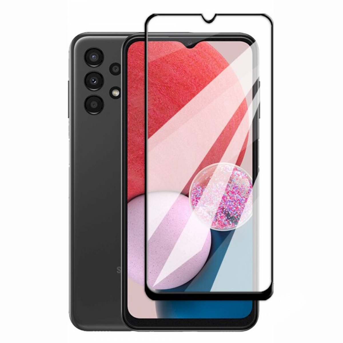 Schwarzes Telefon auf weißem Hintergrund mit angebrachtem Displayschutz.