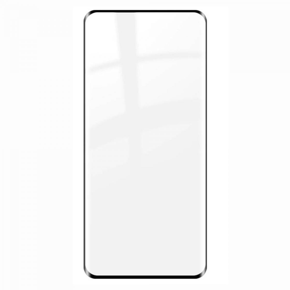 Klare Displayschutzfolie für ein Telefon, schwarze Ränder, weißer Hintergrund.