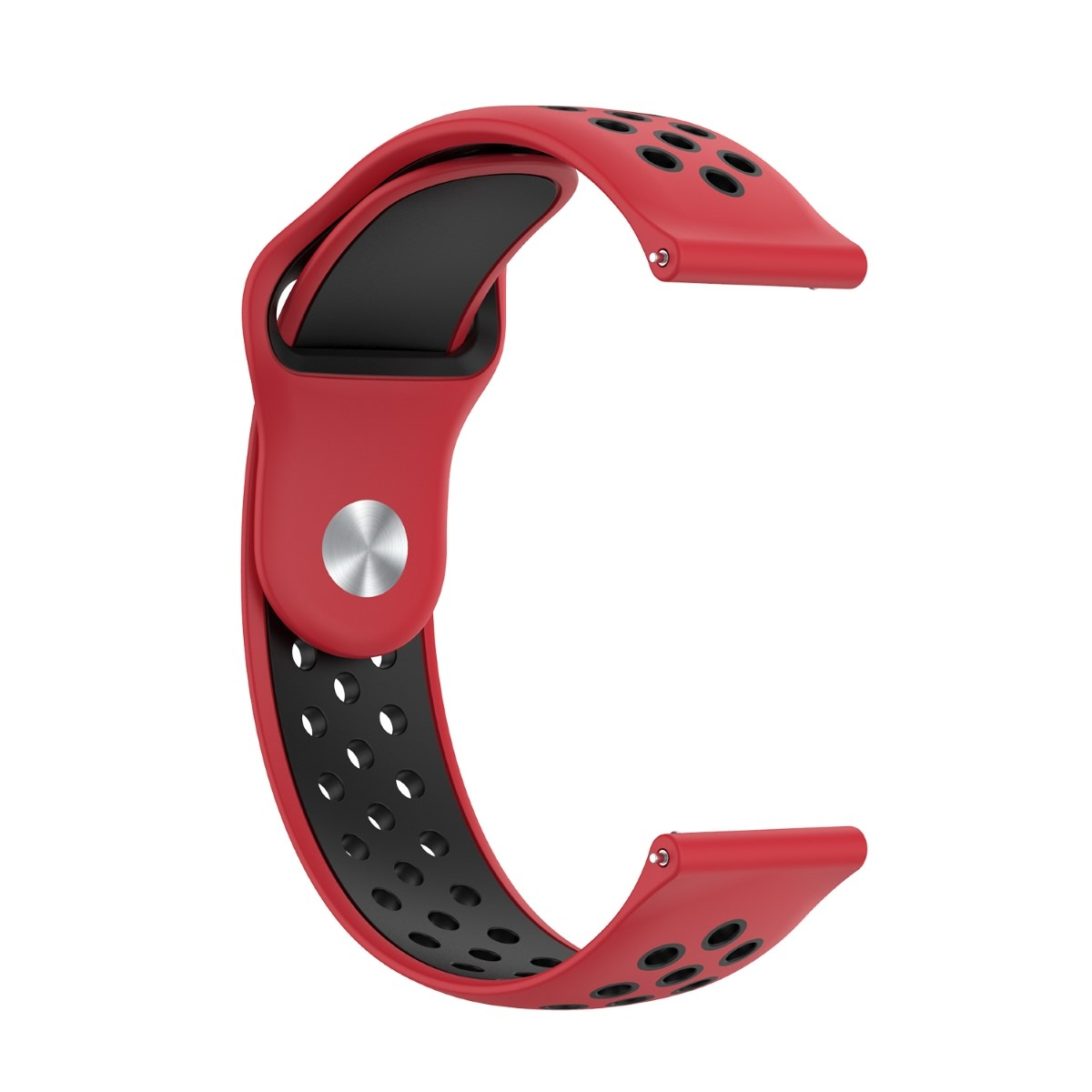 Rotes und schwarzes Uhrenarmband mit Löchern.
