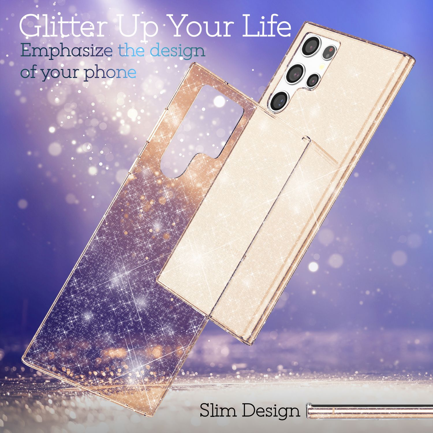 Glitzernde Handyhülle mit Telefon darin, Design zeigend, auf verschwommenem Hintergrund.