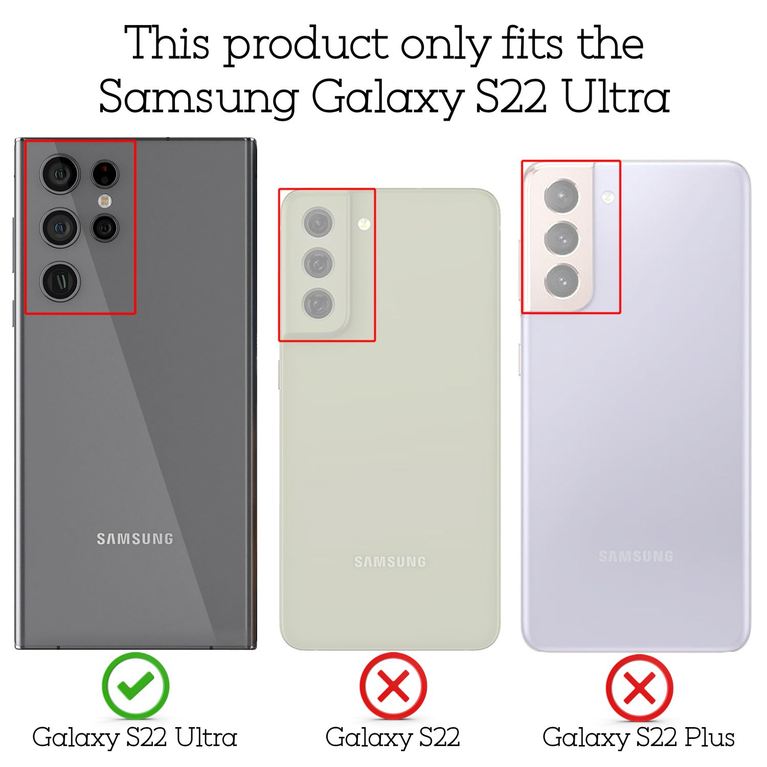 Drei Samsung Galaxy-Telefone mit hervorgehobenen Kameraausschnitten, zeigen, dass S22 Ultra kompatibel ist.