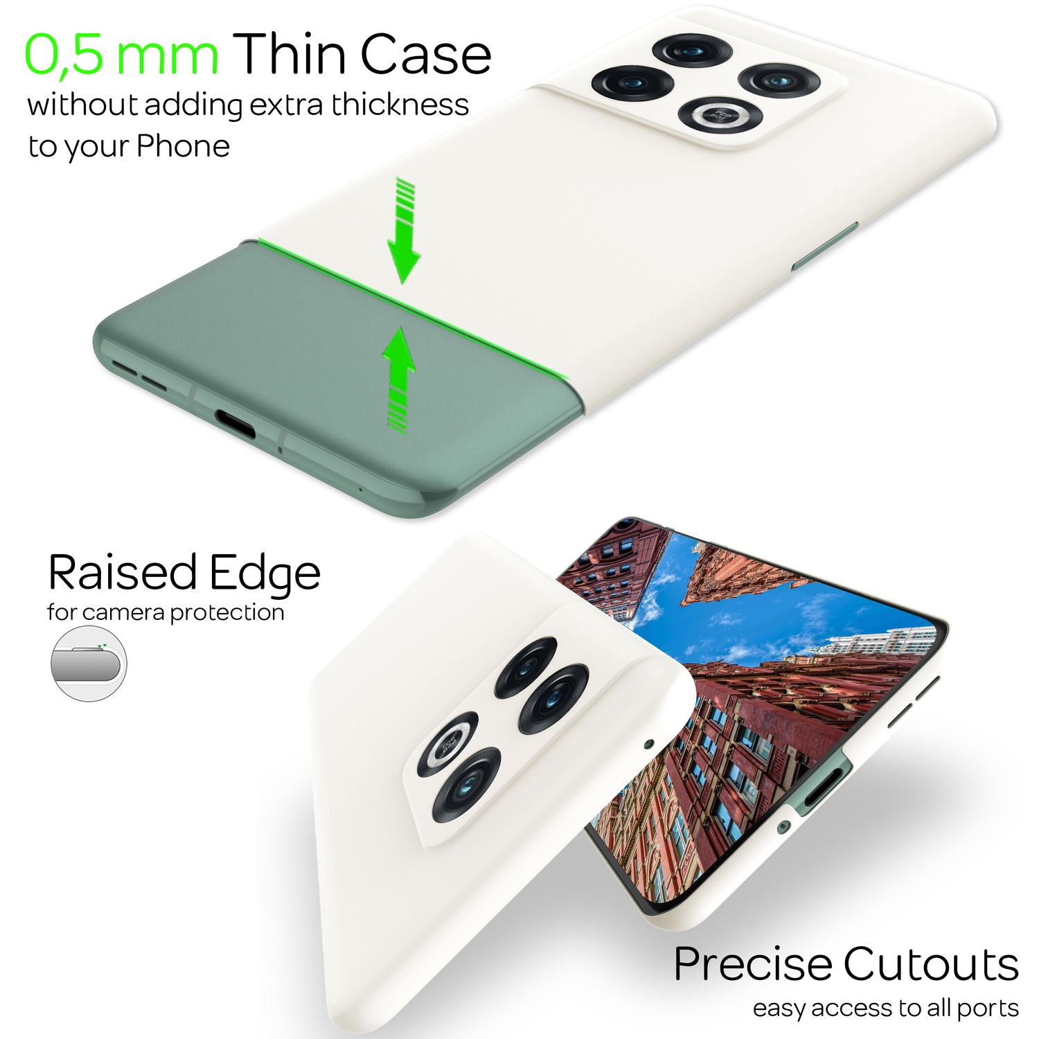 Custodia per telefono bianca e verde con frecce che puntano verso il telefono. Il testo recita: Custodia sottile 0,5 mm.