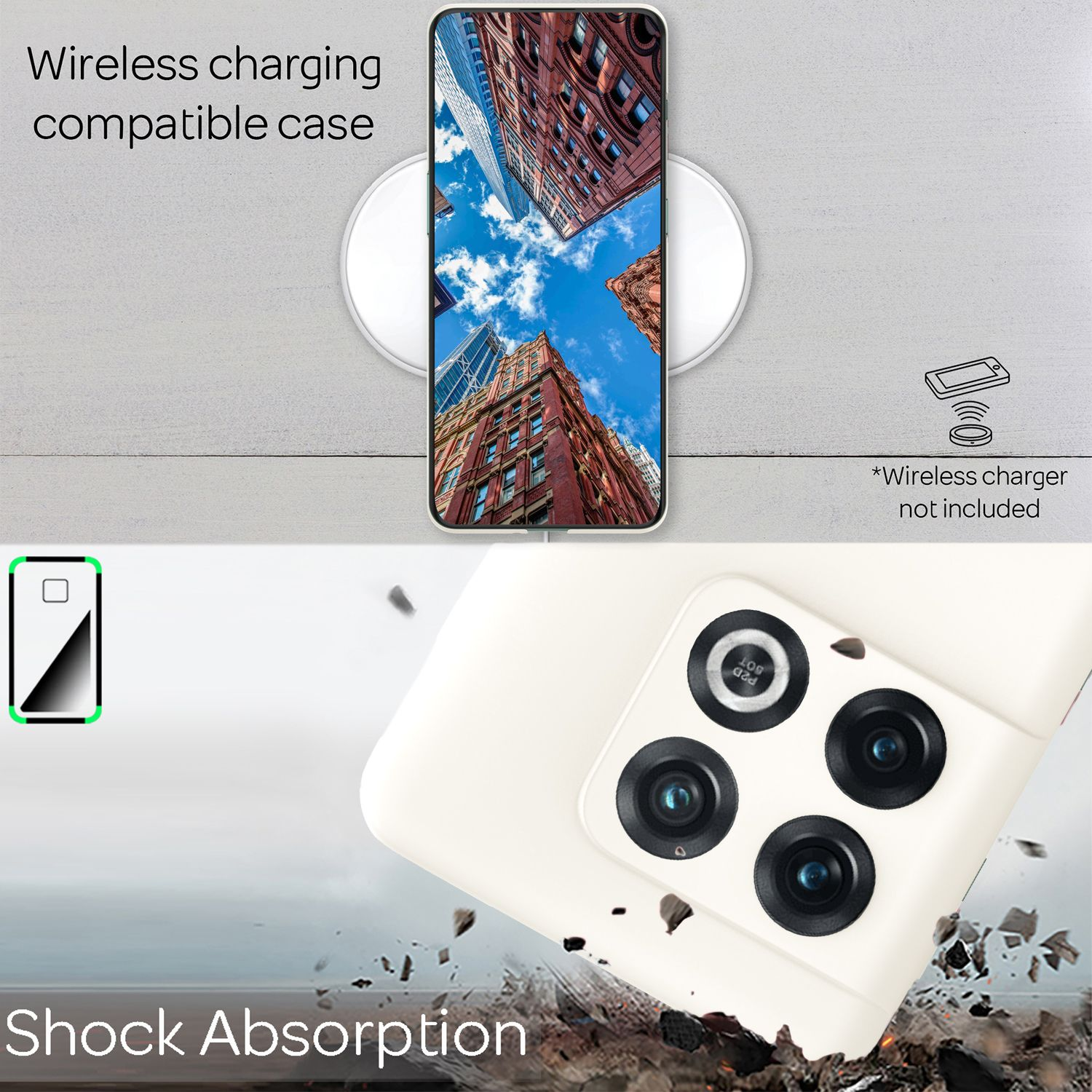Un telefono su un caricatore wireless. Una custodia con più lenti. Sfondo bianco. Testo sulla ricarica wireless e l'assorbimento degli urti.