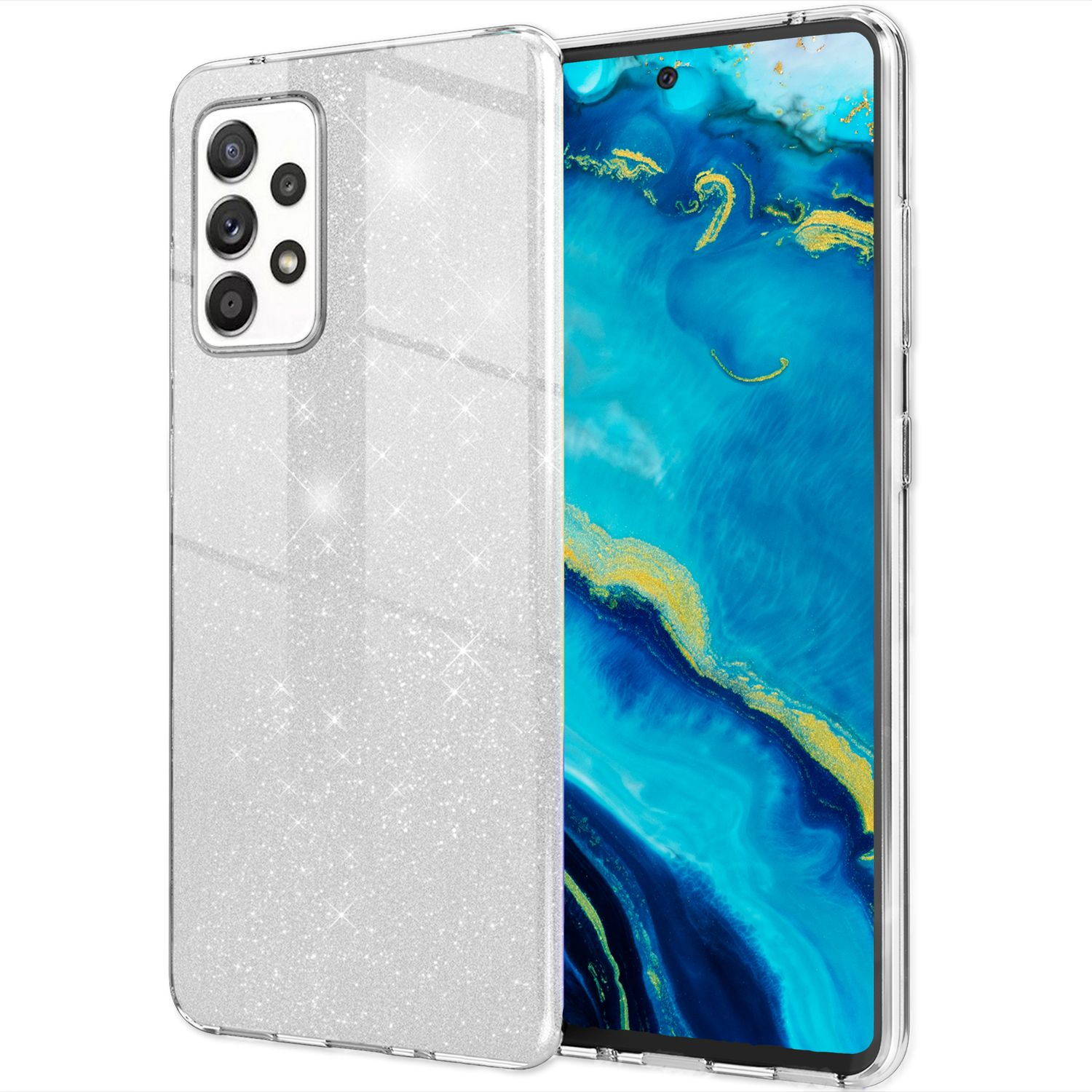 Silberne, glitzernde Handyhülle. Telefon ist drin. Transparente Hülle.