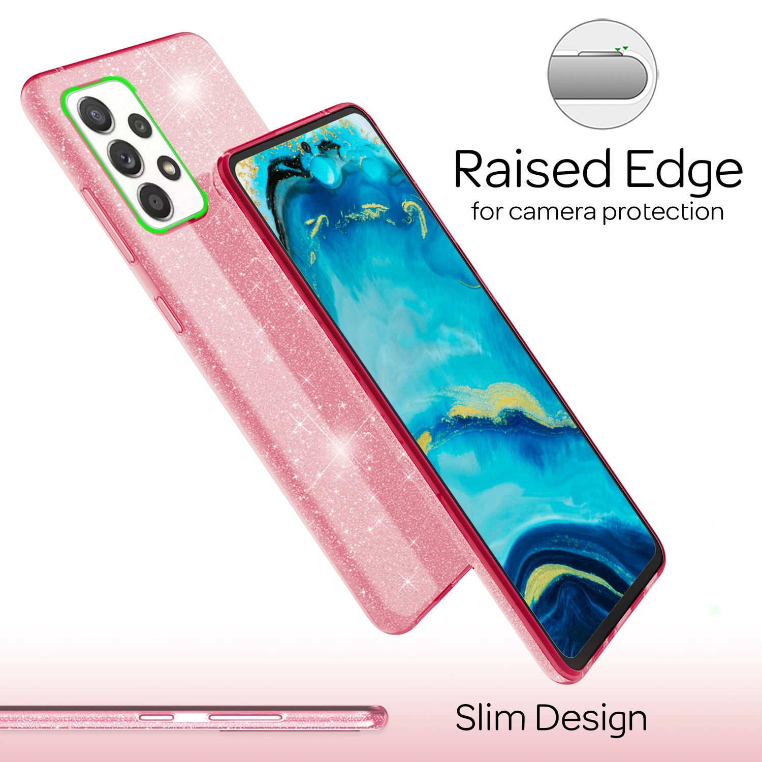 Rosa Handyhülle mit erhöhten Kanten, zum Schutz der Kamera. Sie hat ein schlankes Design.