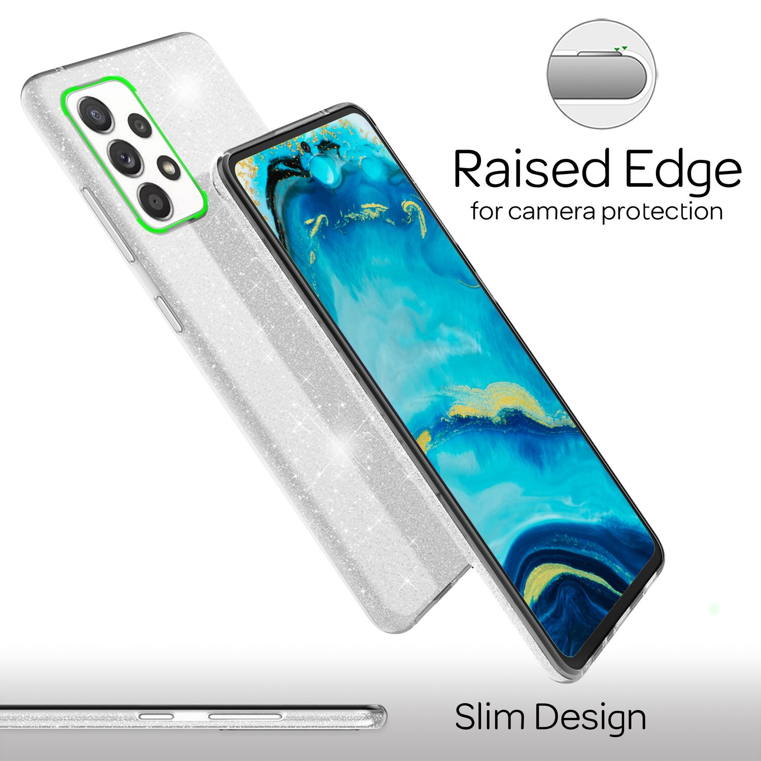 Handyhülle auf einem Telefon, das eine erhöhte Kante für Kameraschutz und schlankes Design zeigt.