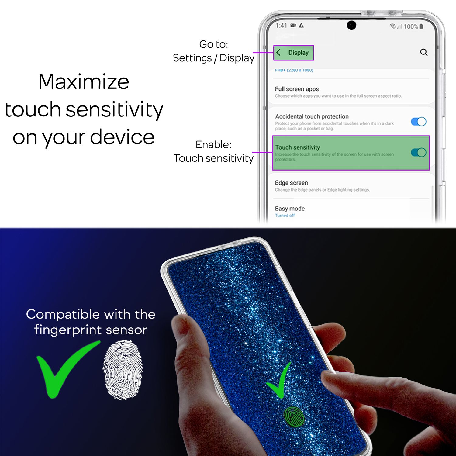 Smartphone-Bildschirm mit Einstellungen für die Berührungsempfindlichkeit. Ein Fingerabdrucksensor wird hervorgehoben.