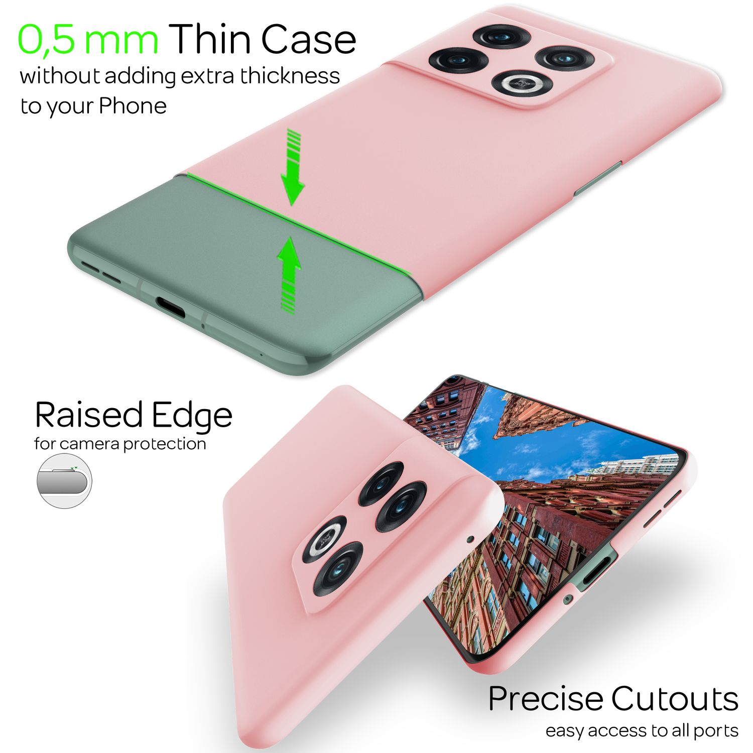 Custodia rosa per telefono con accento verde, che mostra un telefono e un bordo rialzato.