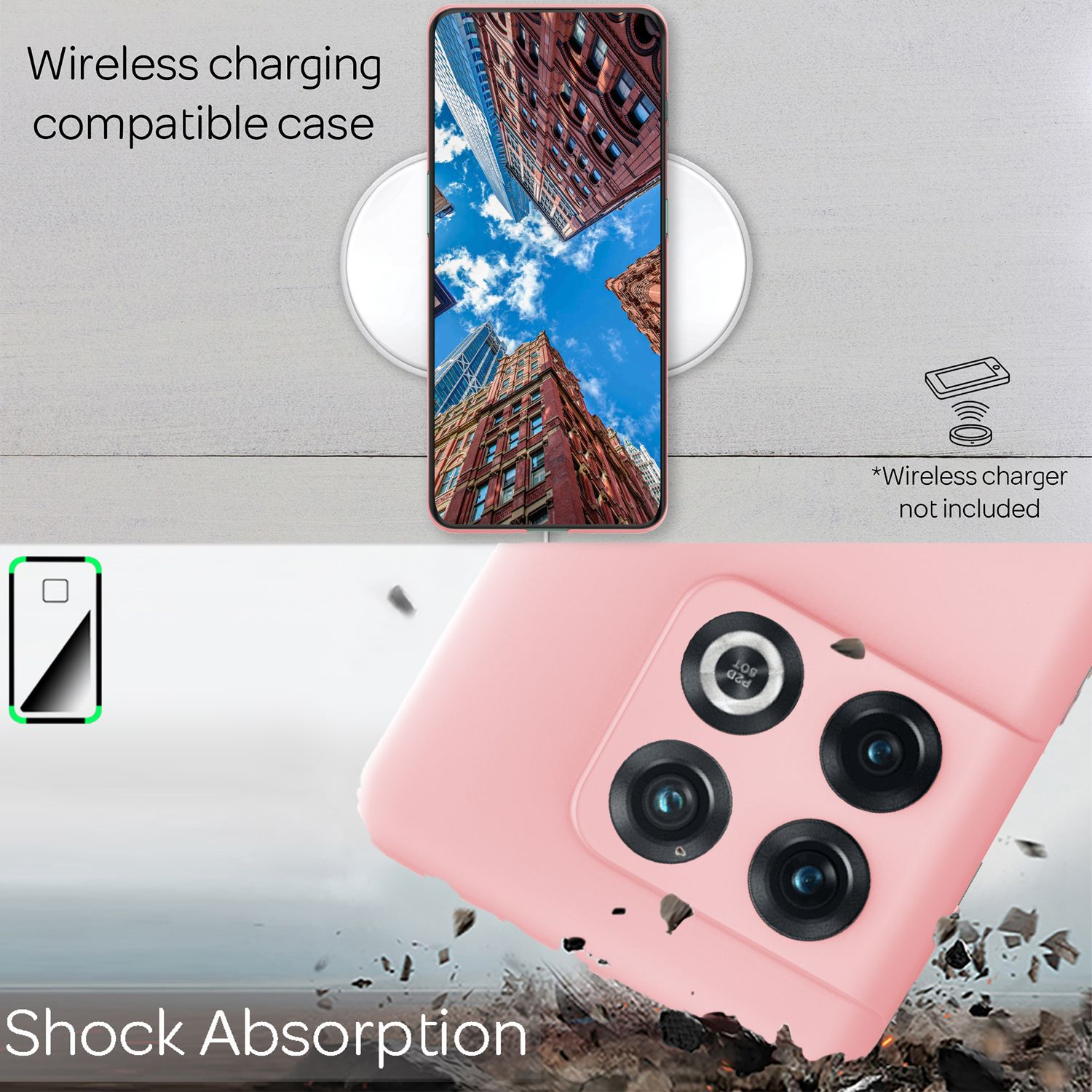 Telefono su un caricatore wireless, con una custodia rosa e un grafico che mostra l'assorbimento degli urti.
