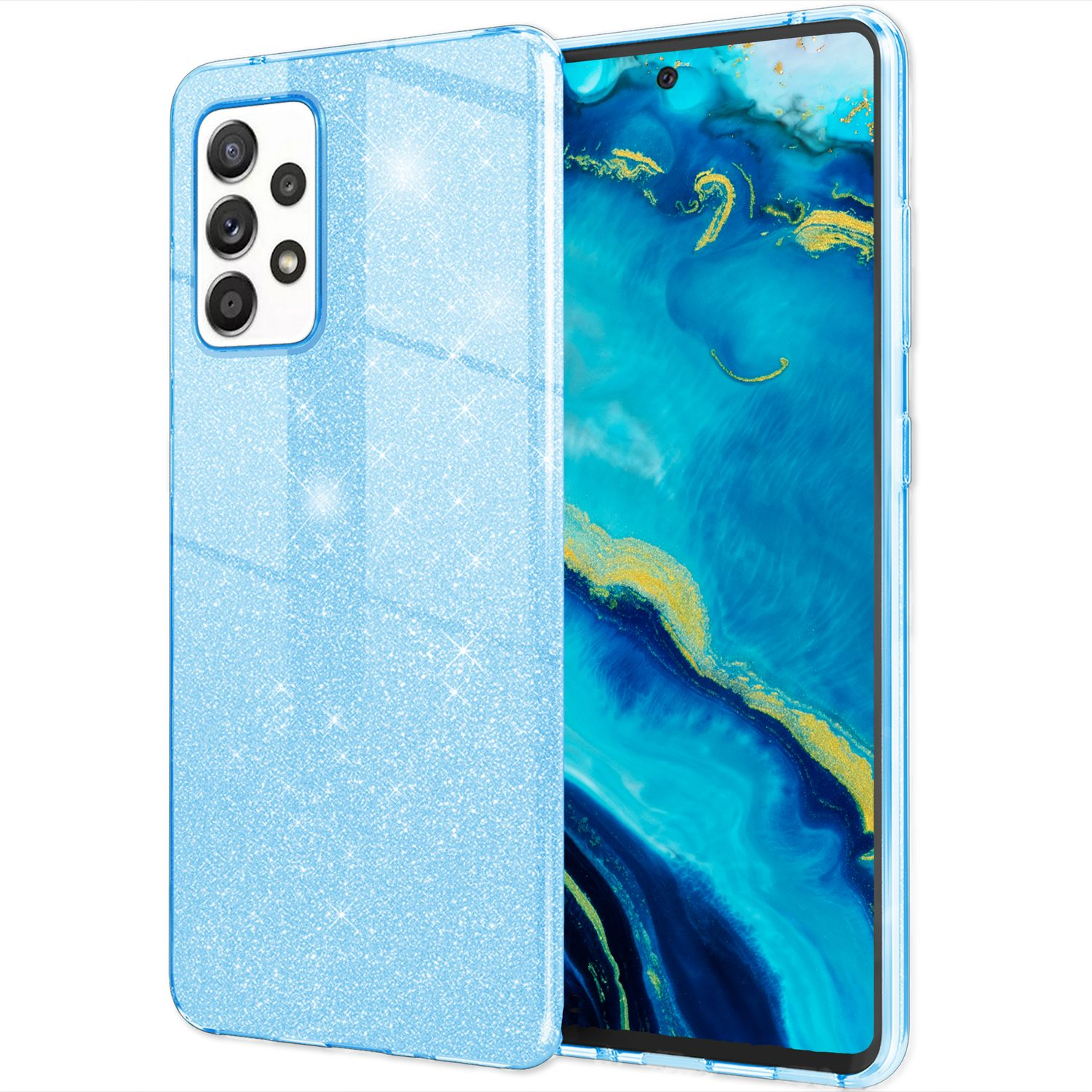 Blaue, glitzernde Handyhülle mit Telefon. Die Hülle hat eine glitzernde Oberfläche. Das Telefon ist drin.