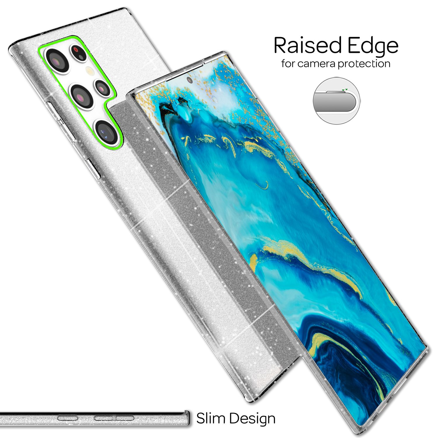 Handyhülle mit Glitzerdesign. Telefon innen mit blauem Bildschirm. Weißer Hintergrund.