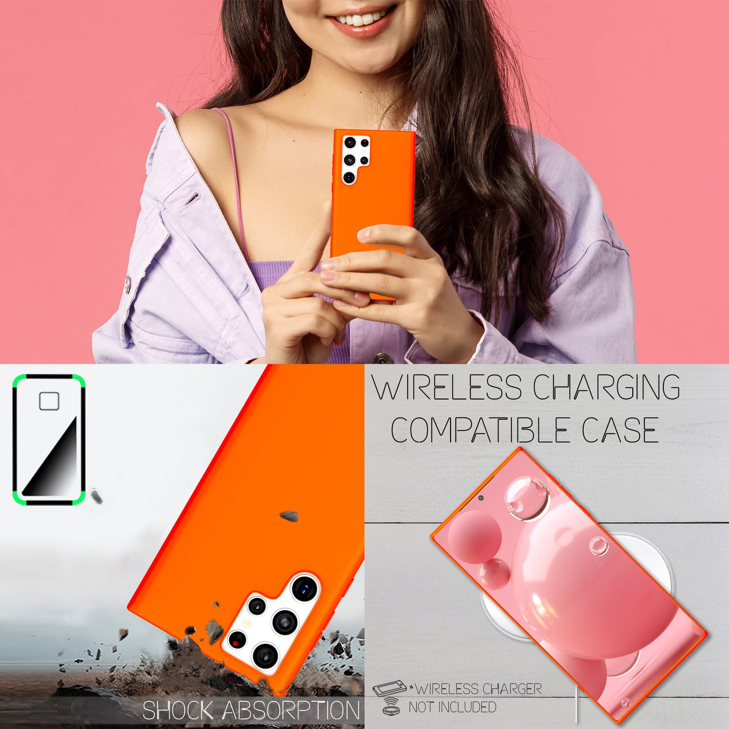 Donna che tiene una custodia arancione per telefono con un telefono e alcuni elementi grafici.