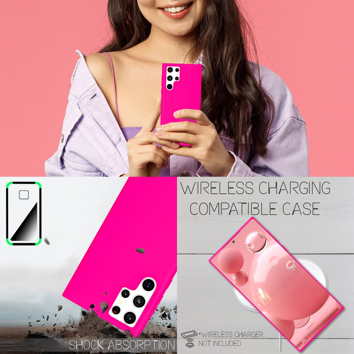 Una donna tiene in mano una custodia rosa. Diverse immagini mostrano le caratteristiche e la ricarica wireless.